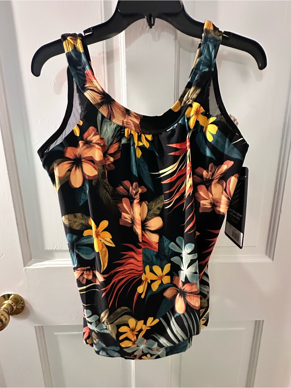 Miraclesuit Swim Top- Black with Multi-Color Tropical Print